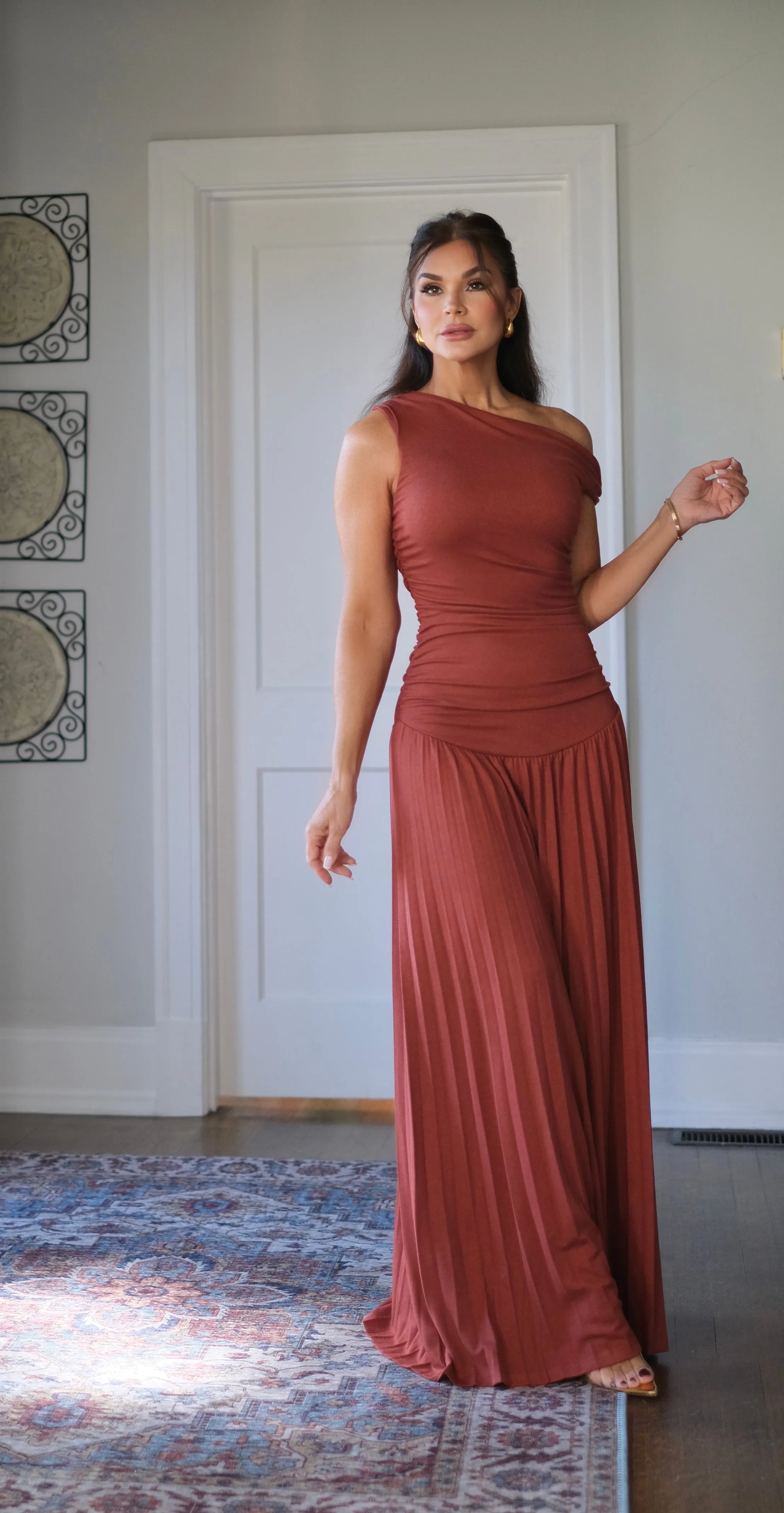 Maeve Rust One Shoulder Ruched Body Pleated Maxi Dress
