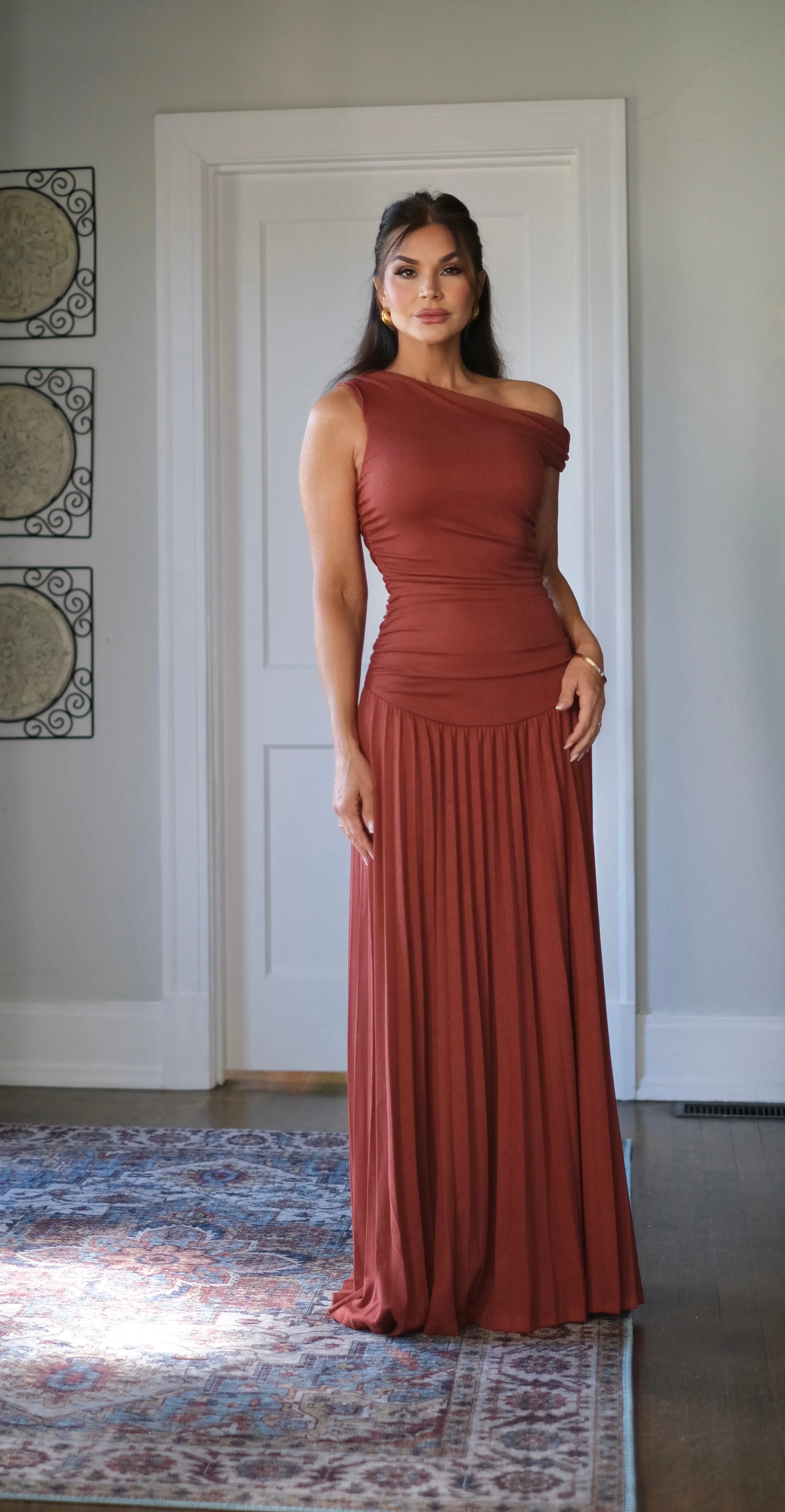 Maeve Rust One Shoulder Ruched Body Pleated Maxi Dress