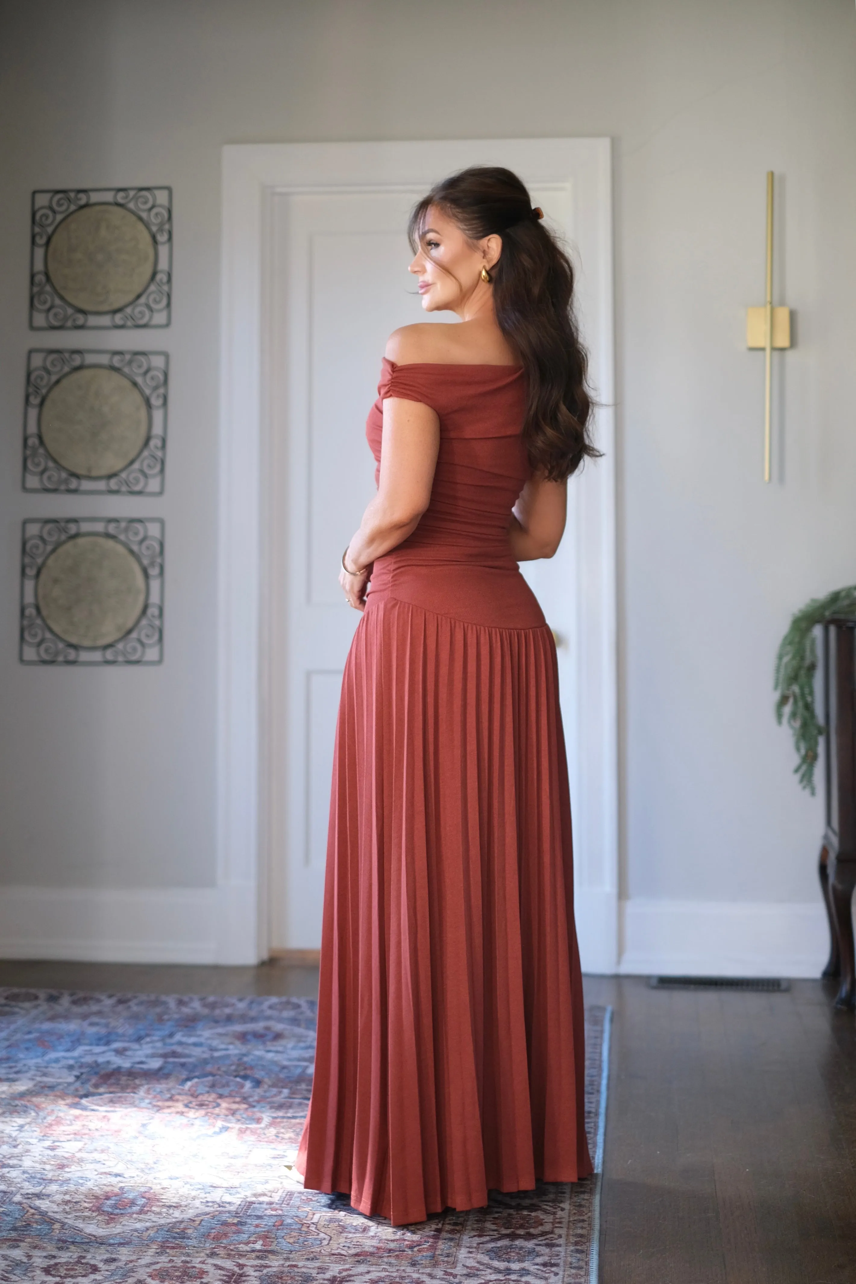 Maeve Rust One Shoulder Ruched Body Pleated Maxi Dress