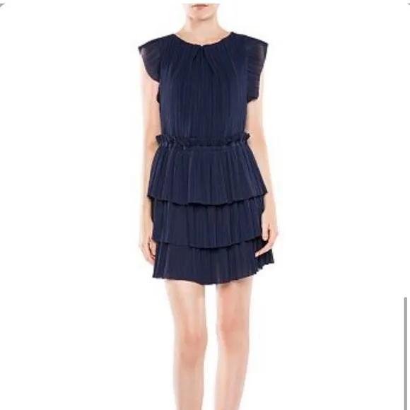 Maje RADZY Pleated Ruffle Tiered Dress Navy