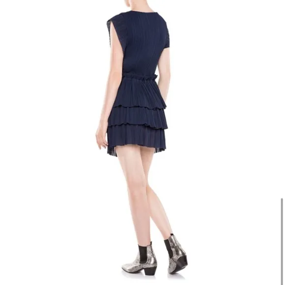 Maje RADZY Pleated Ruffle Tiered Dress Navy
