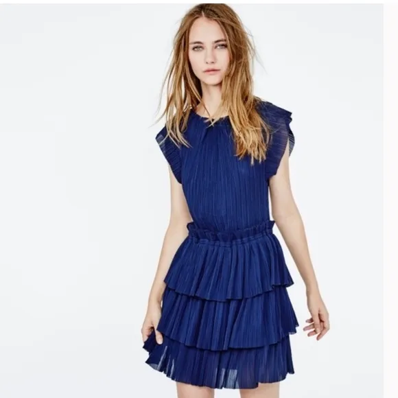 Maje RADZY Pleated Ruffle Tiered Dress Navy