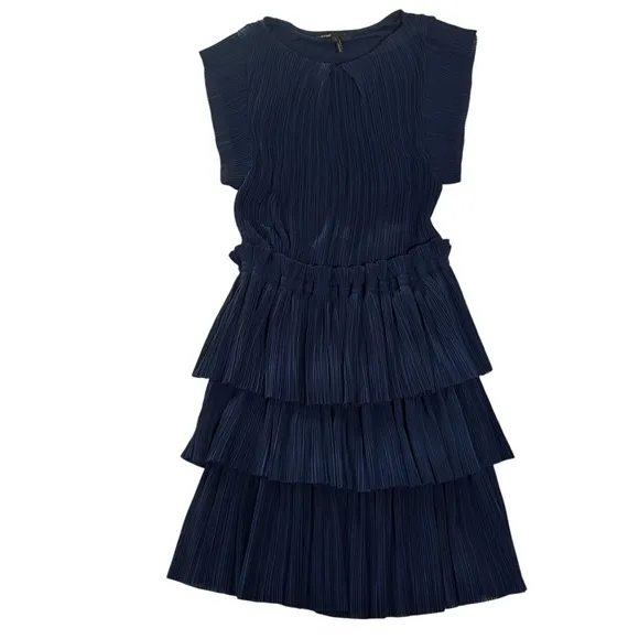 Maje RADZY Pleated Ruffle Tiered Dress Navy