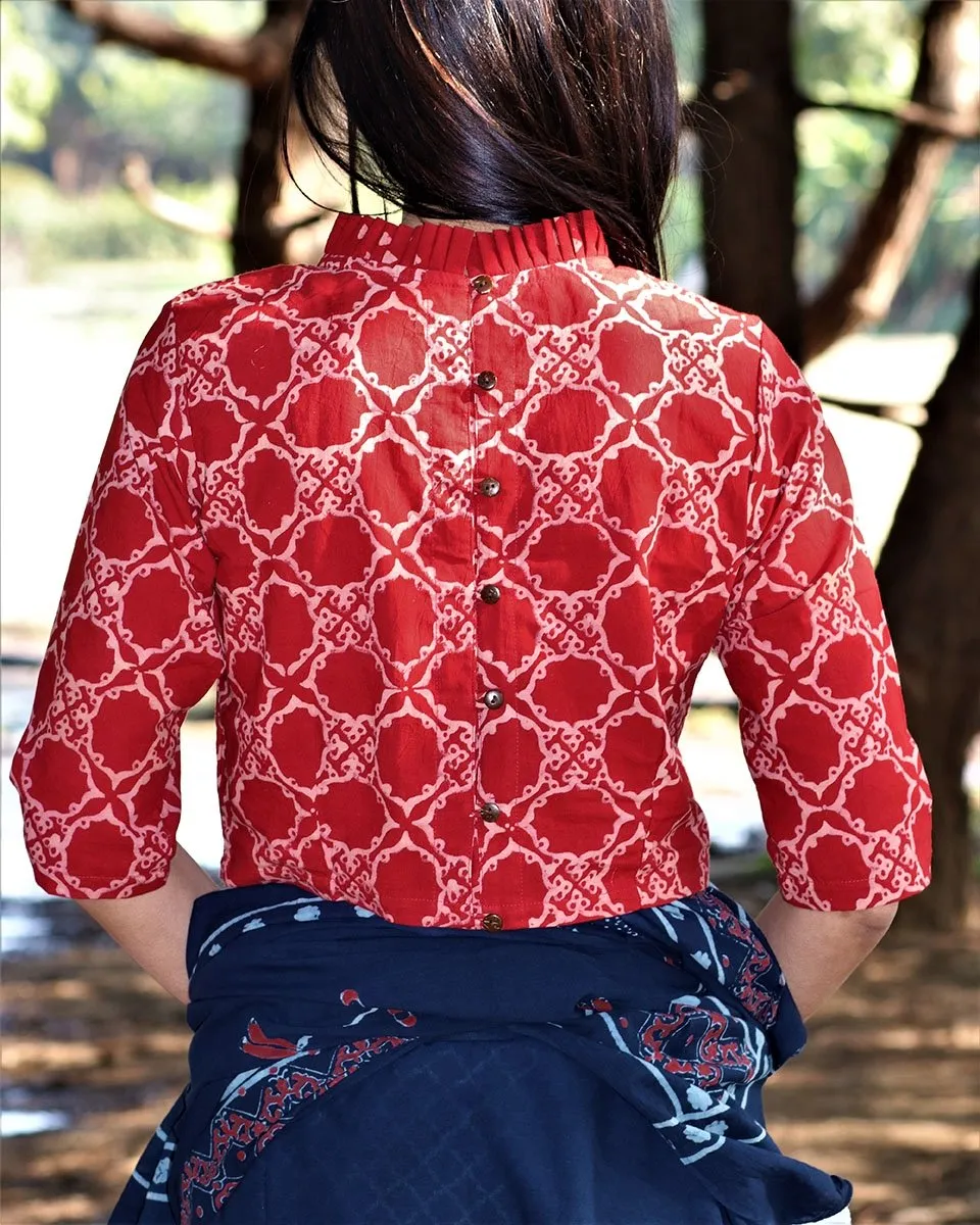 Maroon Blockprinted Cotton Crop Top Blouse With Frills