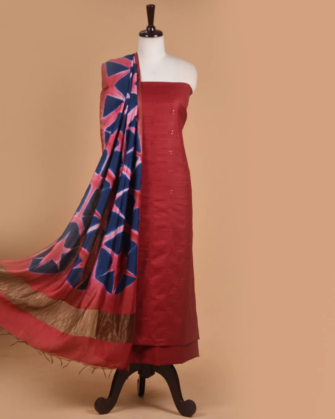 Maroon Cotton Raw Silk Blend Embroidered Unstitched Suit Fabric Set With Muslin Tie and Dyed Dupatta