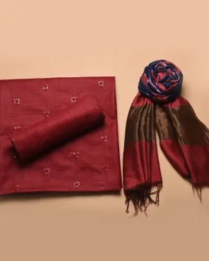 Maroon Cotton Raw Silk Blend Embroidered Unstitched Suit Fabric Set With Muslin Tie and Dyed Dupatta