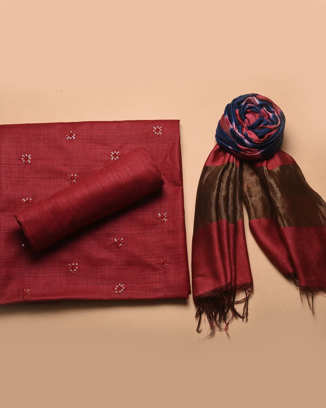 Maroon Cotton Raw Silk Blend Embroidered Unstitched Suit Fabric Set With Muslin Tie and Dyed Dupatta
