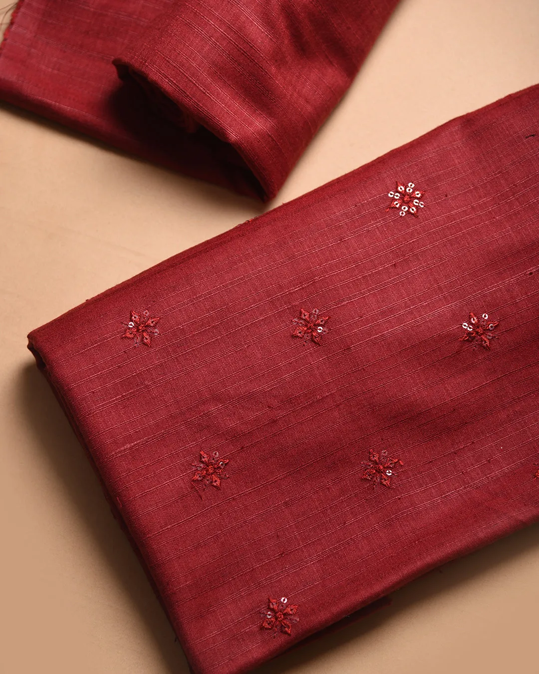 Maroon Cotton Raw Silk Blend Embroidered Unstitched Suit Fabric Set With Muslin Tie and Dyed Dupatta