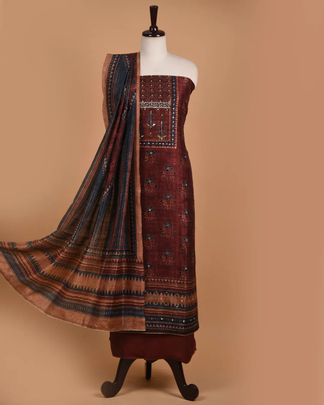 Maroon Silk Blend Printed With Embroidery Unstitched Suit Fabric Set With Silk Blend Dupatta