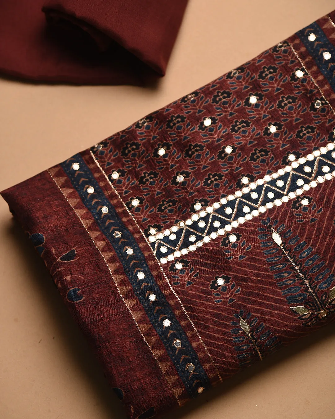 Maroon Silk Blend Printed With Embroidery Unstitched Suit Fabric Set With Silk Blend Dupatta