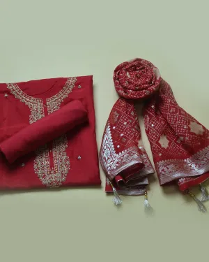 Maroon Silk Viscose Blend Embroidered Unstitched Suit Fabric Set With Organza Woven With Printed Dupatta