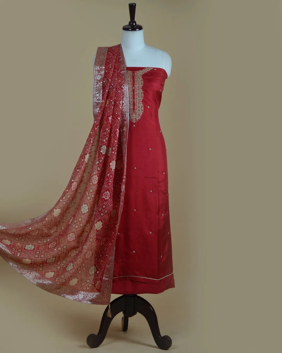Maroon Silk Viscose Blend Embroidered Unstitched Suit Fabric Set With Organza Woven With Printed Dupatta