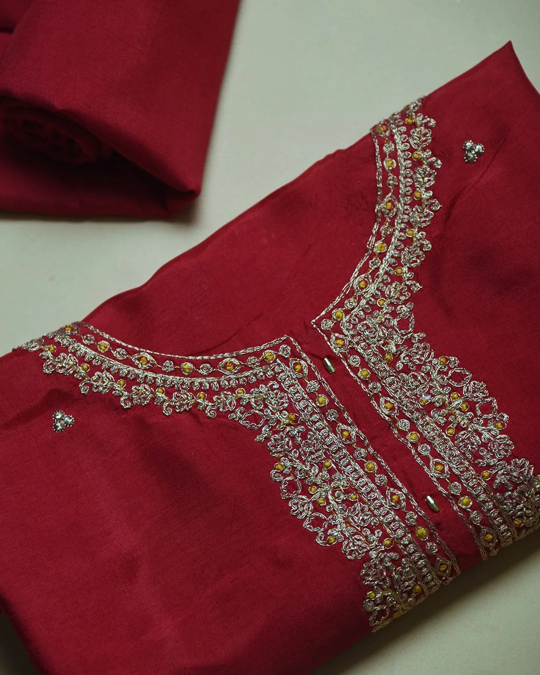 Maroon Silk Viscose Blend Embroidered Unstitched Suit Fabric Set With Organza Woven With Printed Dupatta