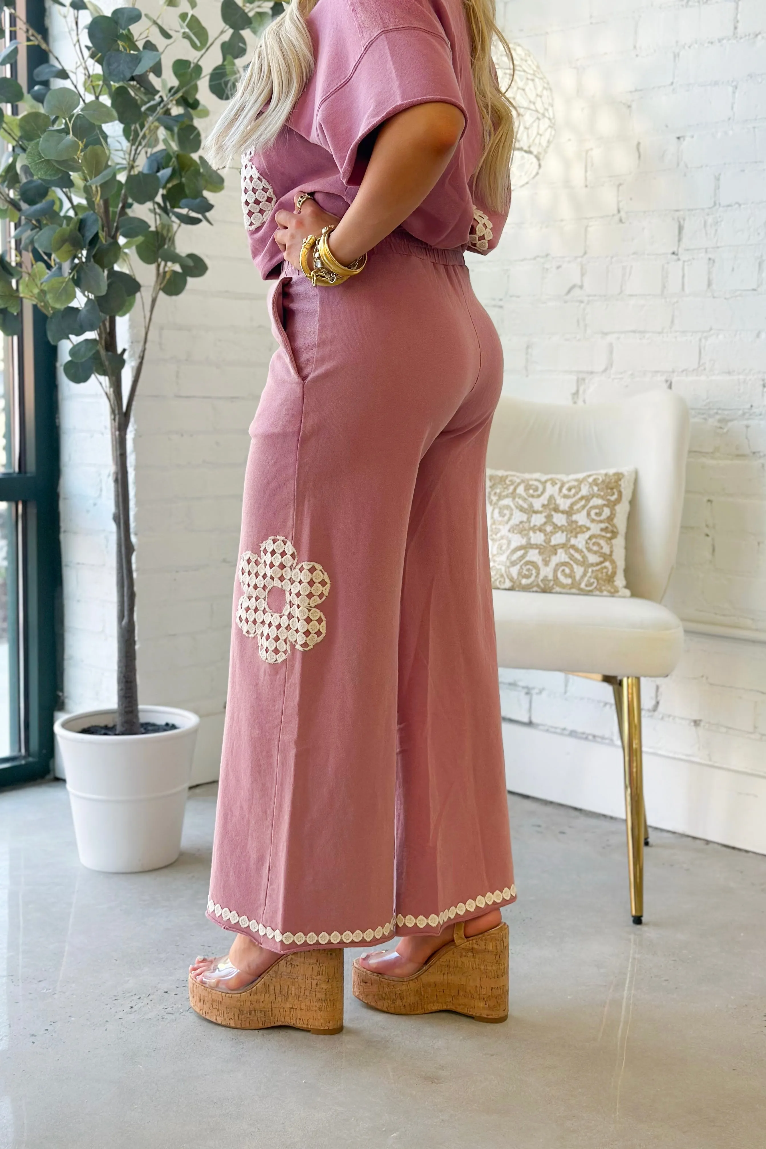 Mauve Crochet Flower Detail Pants