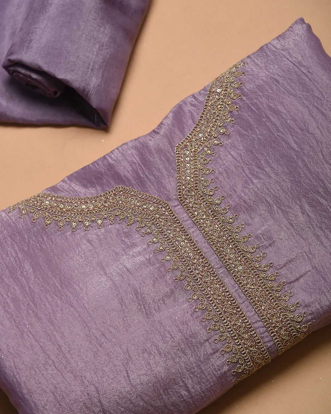 Mauve Crushed Organza Blend Embroidered Unstitched Suit Fabric Set With Organza Dupatta