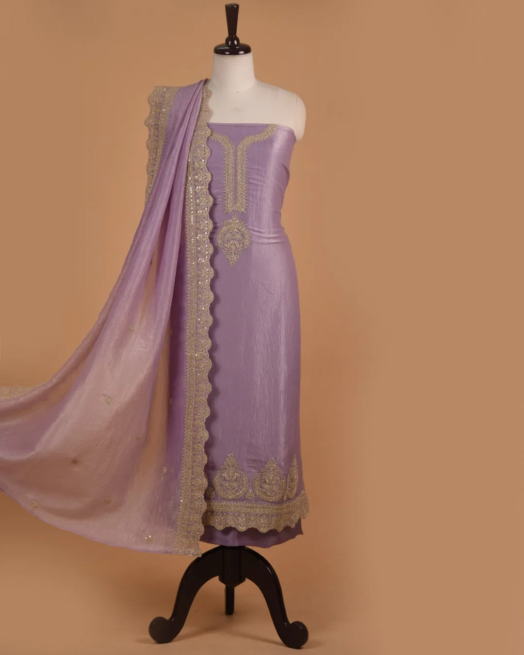 Mauve Crushed Organza Blend Embroidered Unstitched Suit Fabric Set With Organza Dupatta