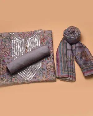 Mauve Muslin Printed With Embroidery Unstitched Suit Fabric Set With Muslin Dupatta