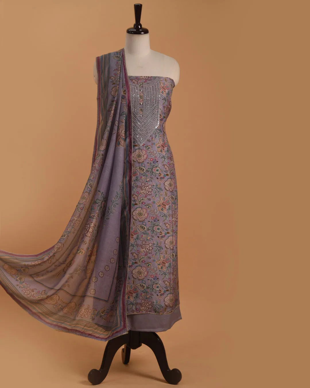Mauve Muslin Printed With Embroidery Unstitched Suit Fabric Set With Muslin Dupatta