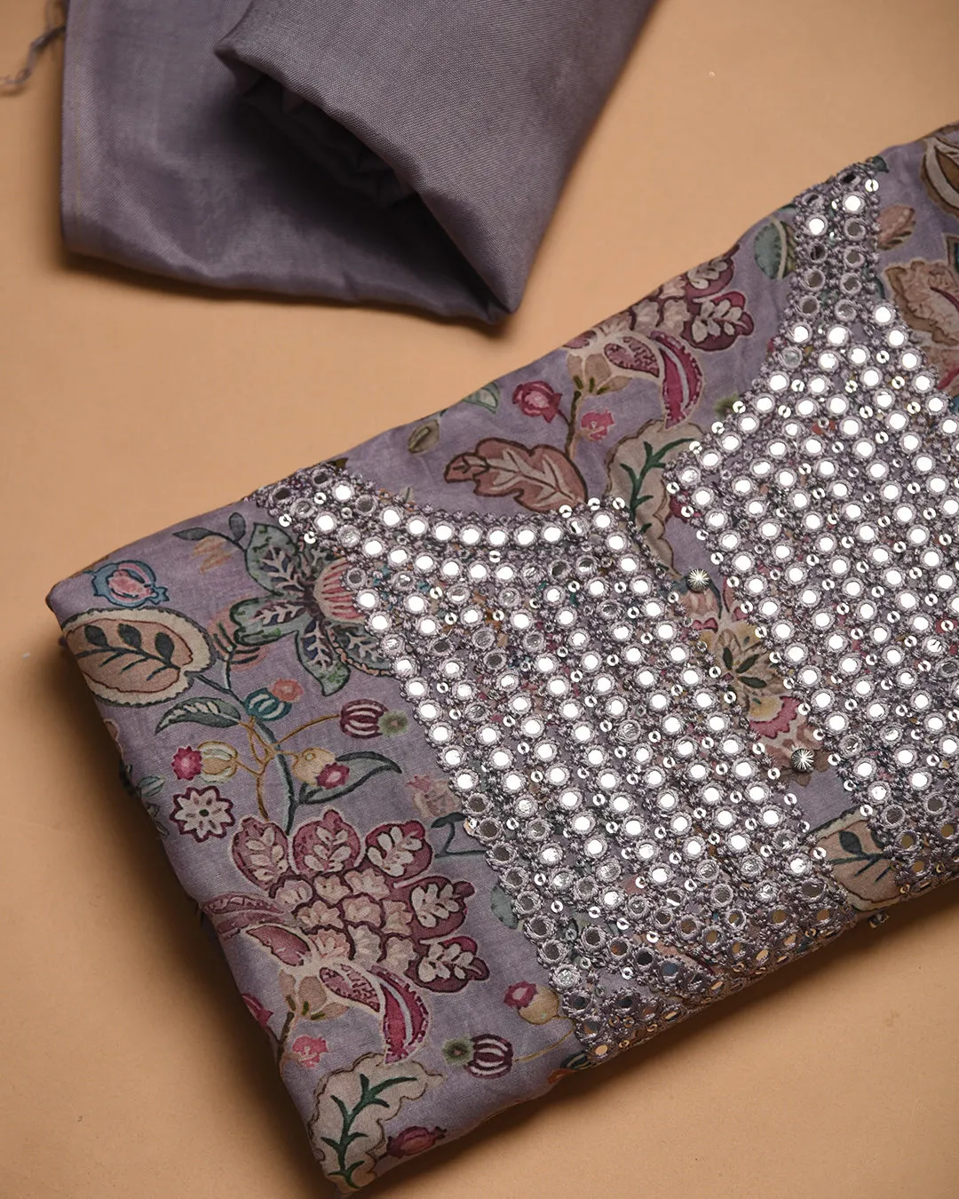 Mauve Muslin Printed With Embroidery Unstitched Suit Fabric Set With Muslin Dupatta