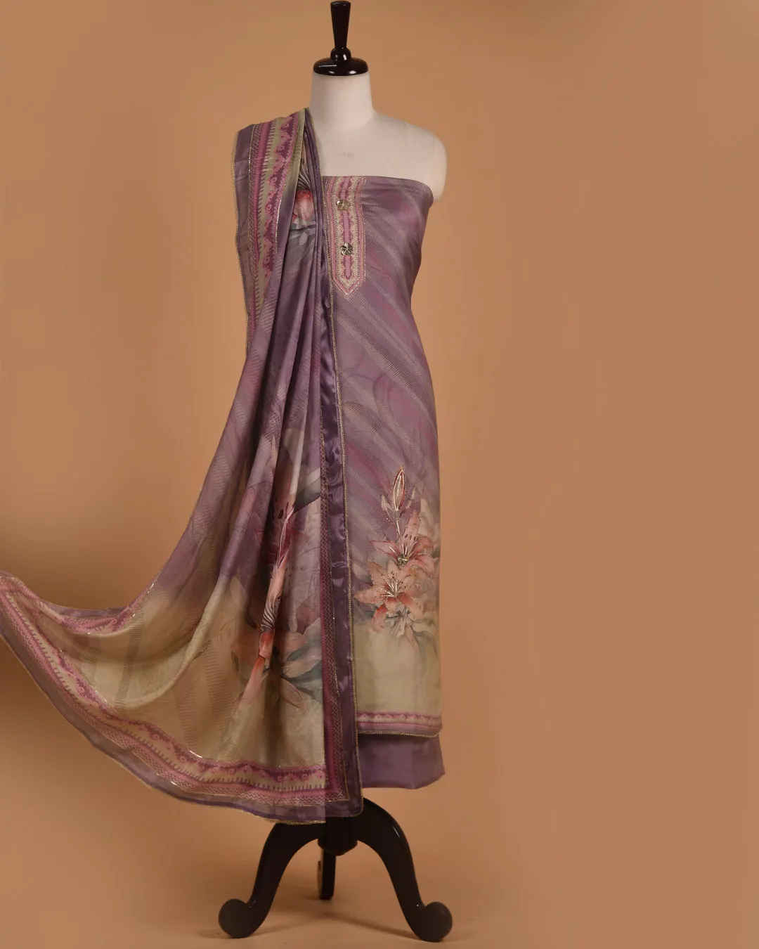 Mauve Muslin Printed With Embroidery Unstitched Suit Fabric Set With Muslin Embroidered Dupatta