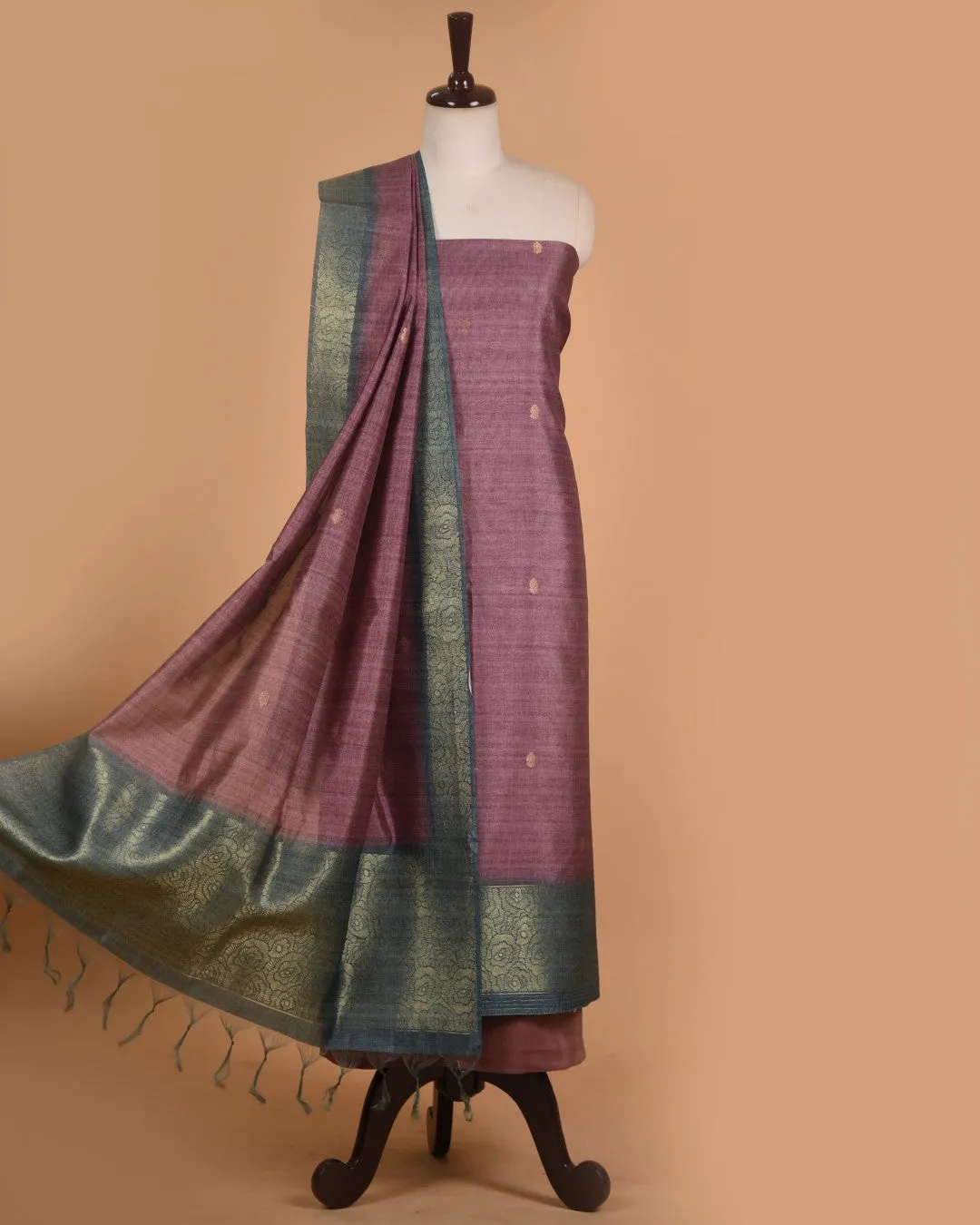Mauve With Turquoise Chanderi Silk Blend Woven Unstitched Suit Fabric Set With Chanderi Silk Blend Dupatta