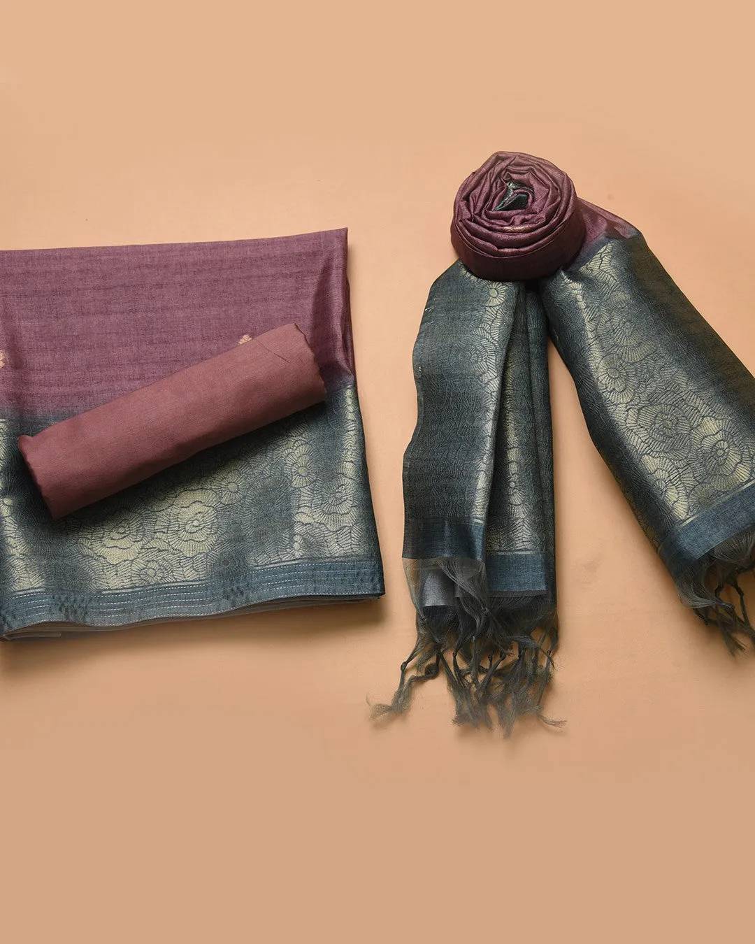 Mauve With Turquoise Chanderi Silk Blend Woven Unstitched Suit Fabric Set With Chanderi Silk Blend Dupatta