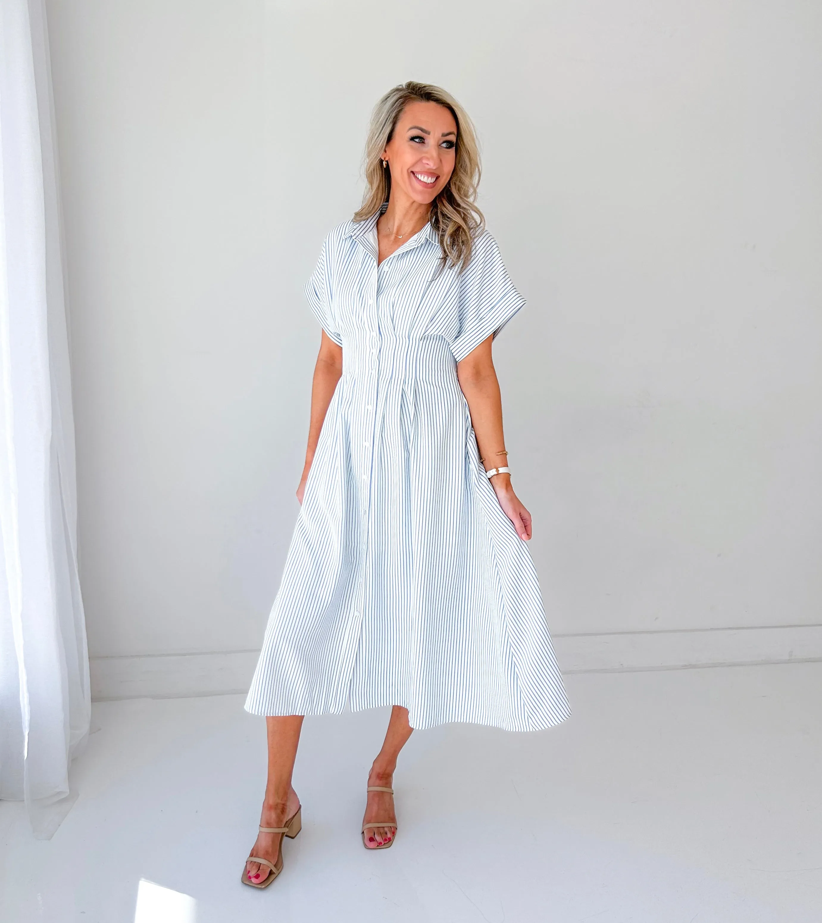 Maya Striped Pleated Waist Midi Dress