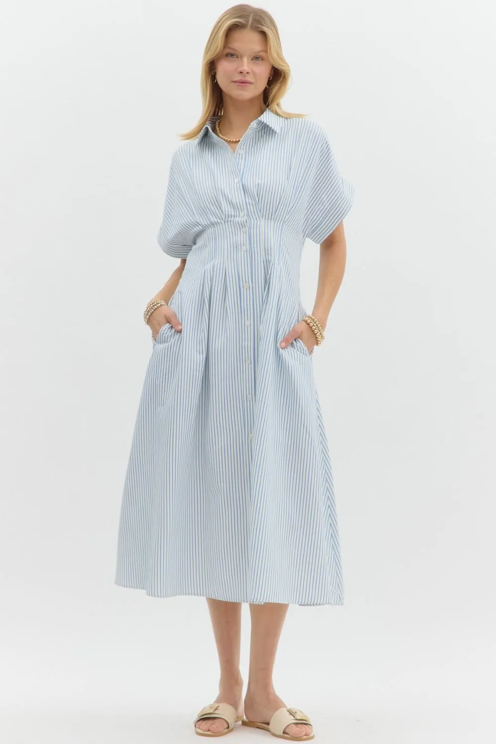 Maya Striped Pleated Waist Midi Dress