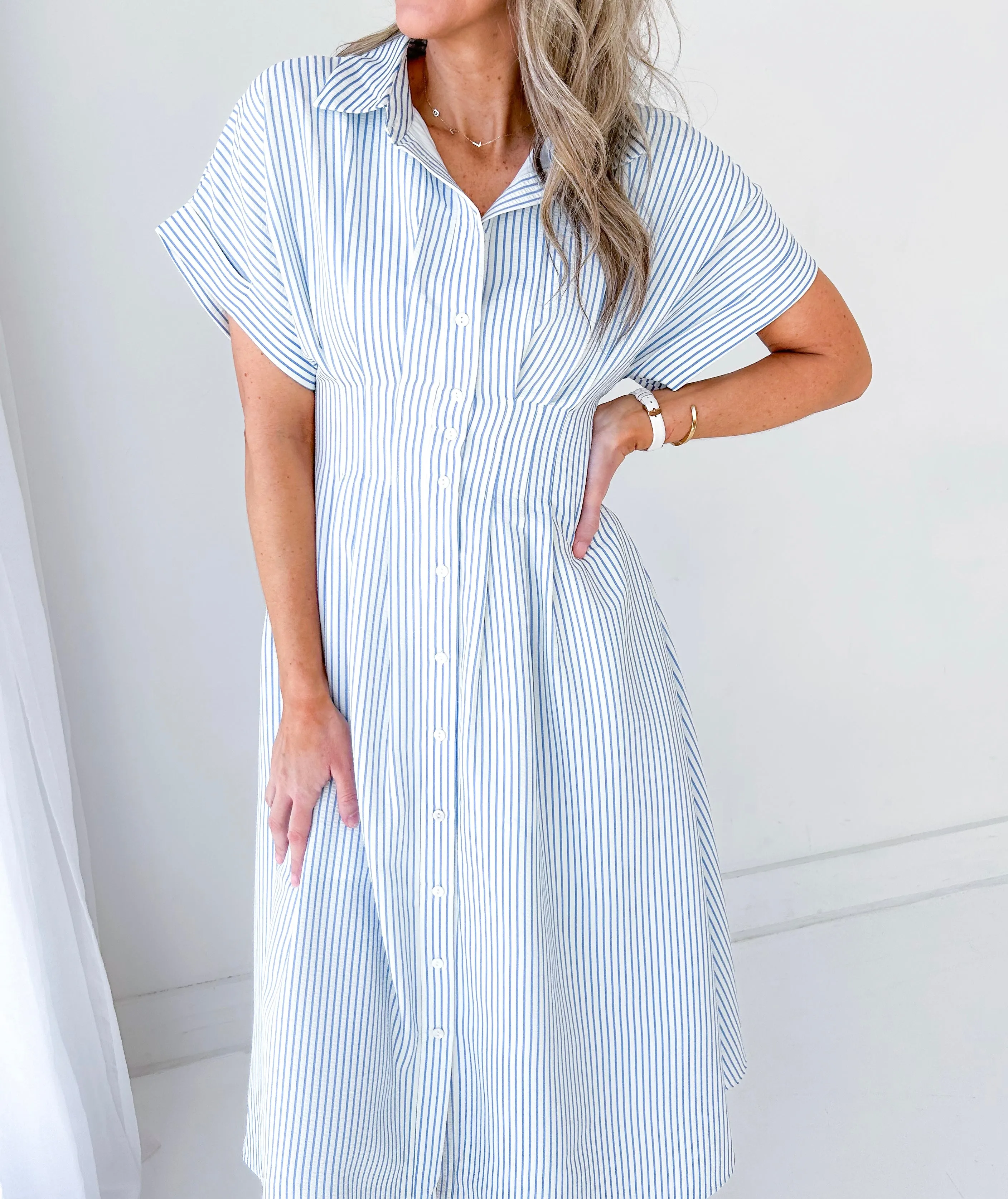 Maya Striped Pleated Waist Midi Dress