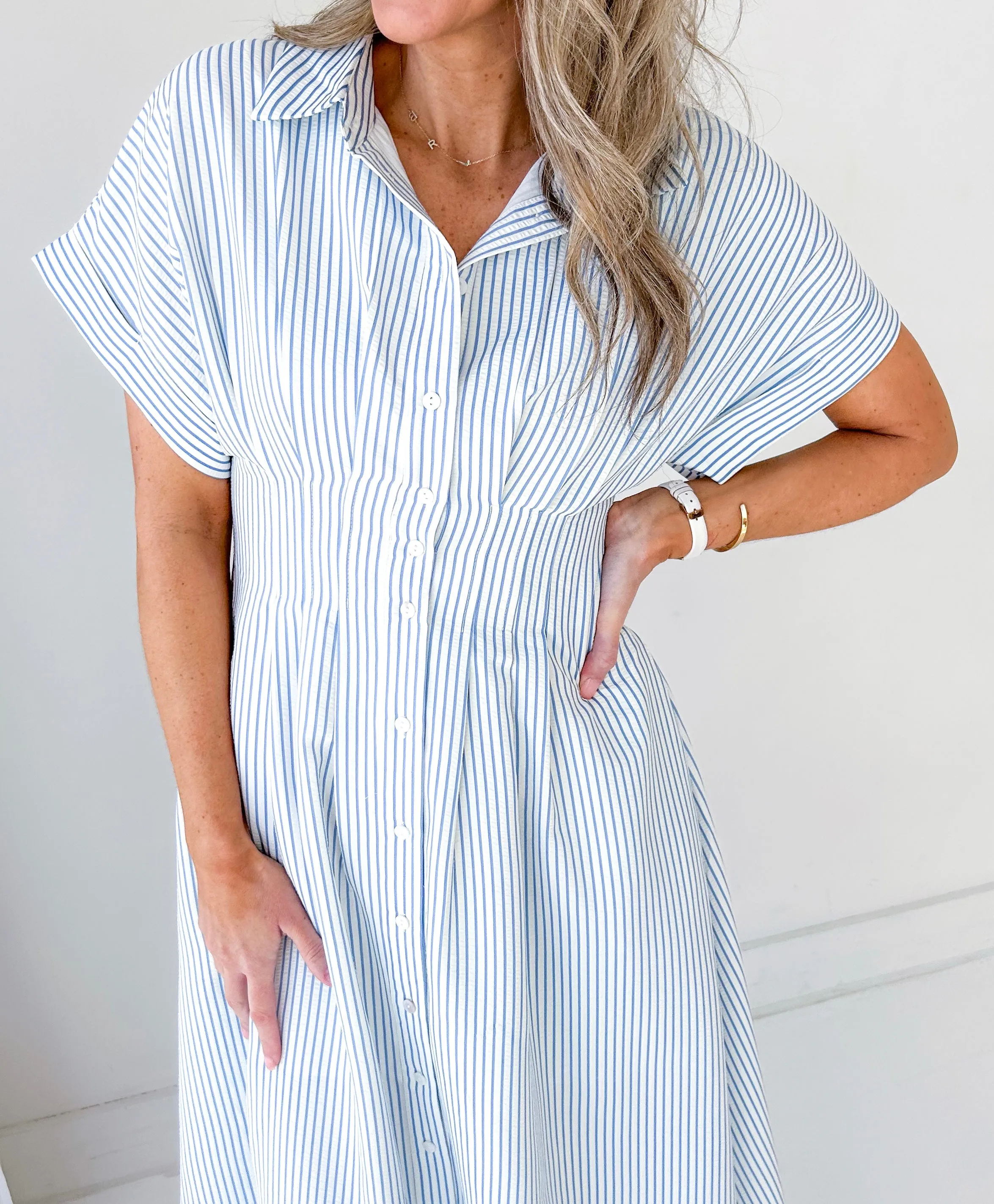 Maya Striped Pleated Waist Midi Dress