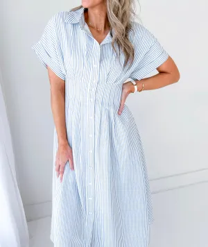 Maya Striped Pleated Waist Midi Dress