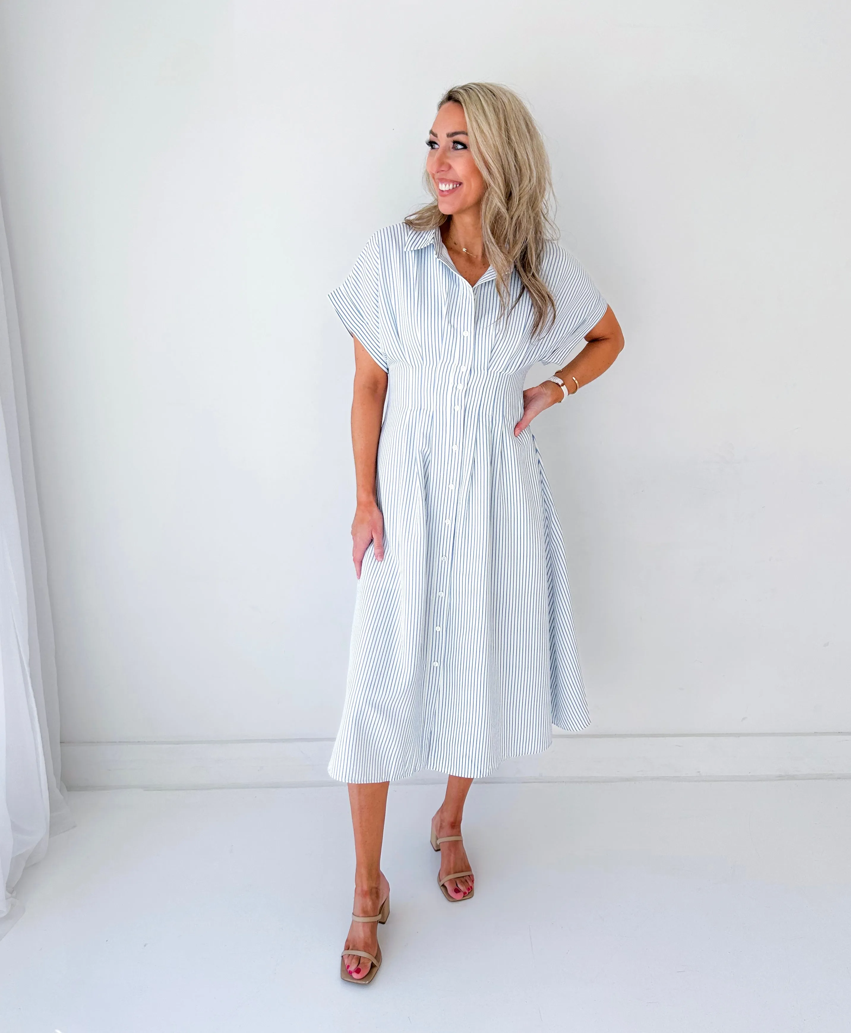 Maya Striped Pleated Waist Midi Dress