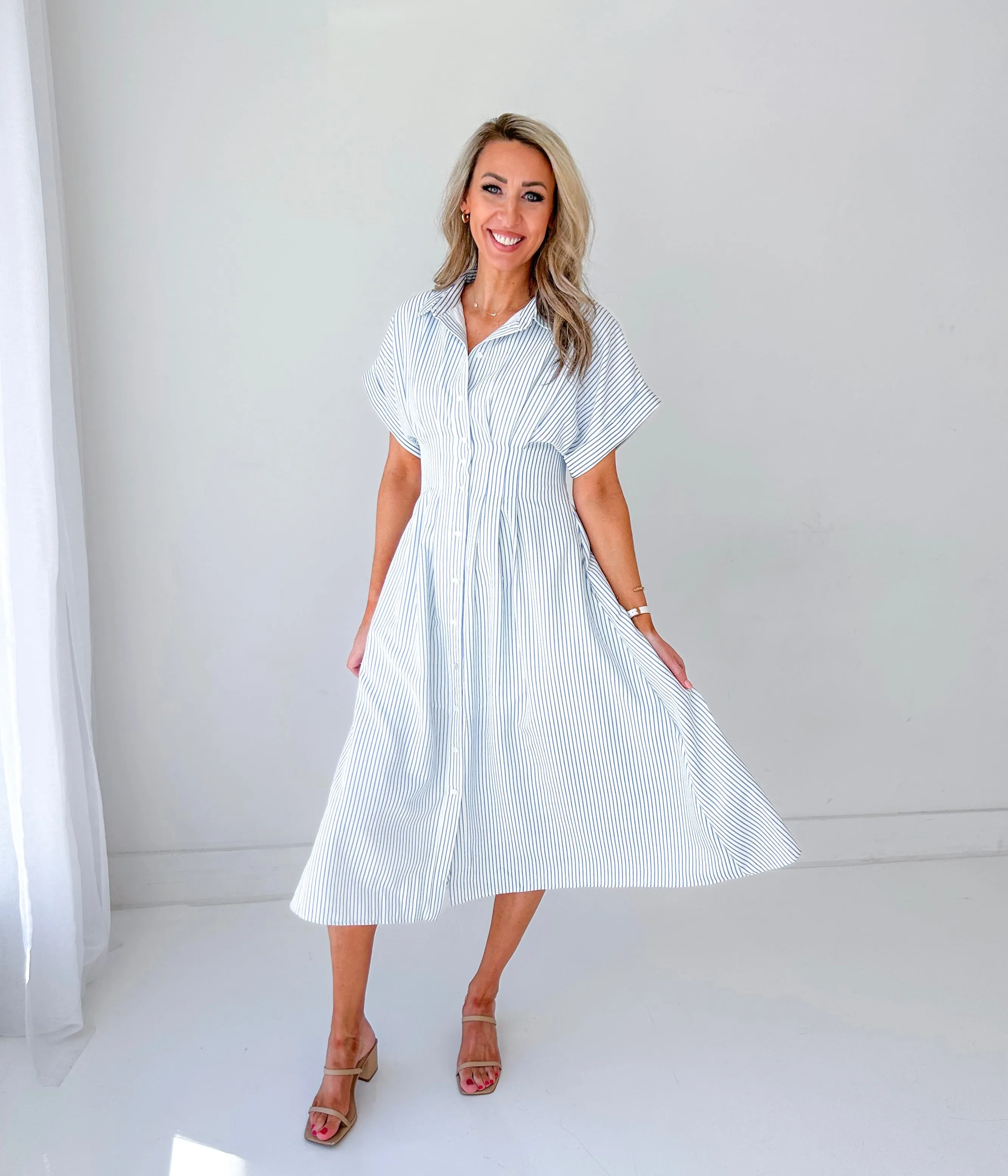 Maya Striped Pleated Waist Midi Dress
