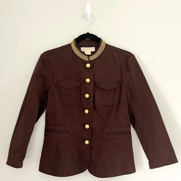 Michael Kors Brown Gold Button Beaded Blazer Coat Jacket Size 6
