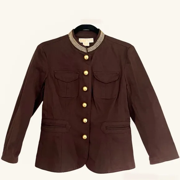 Michael Kors Brown Gold Button Beaded Blazer Coat Jacket Size 6