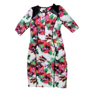 Milly Floral Print Mesh Panels Short Sleeve Bodycon Pencil Multicolor Dress 2