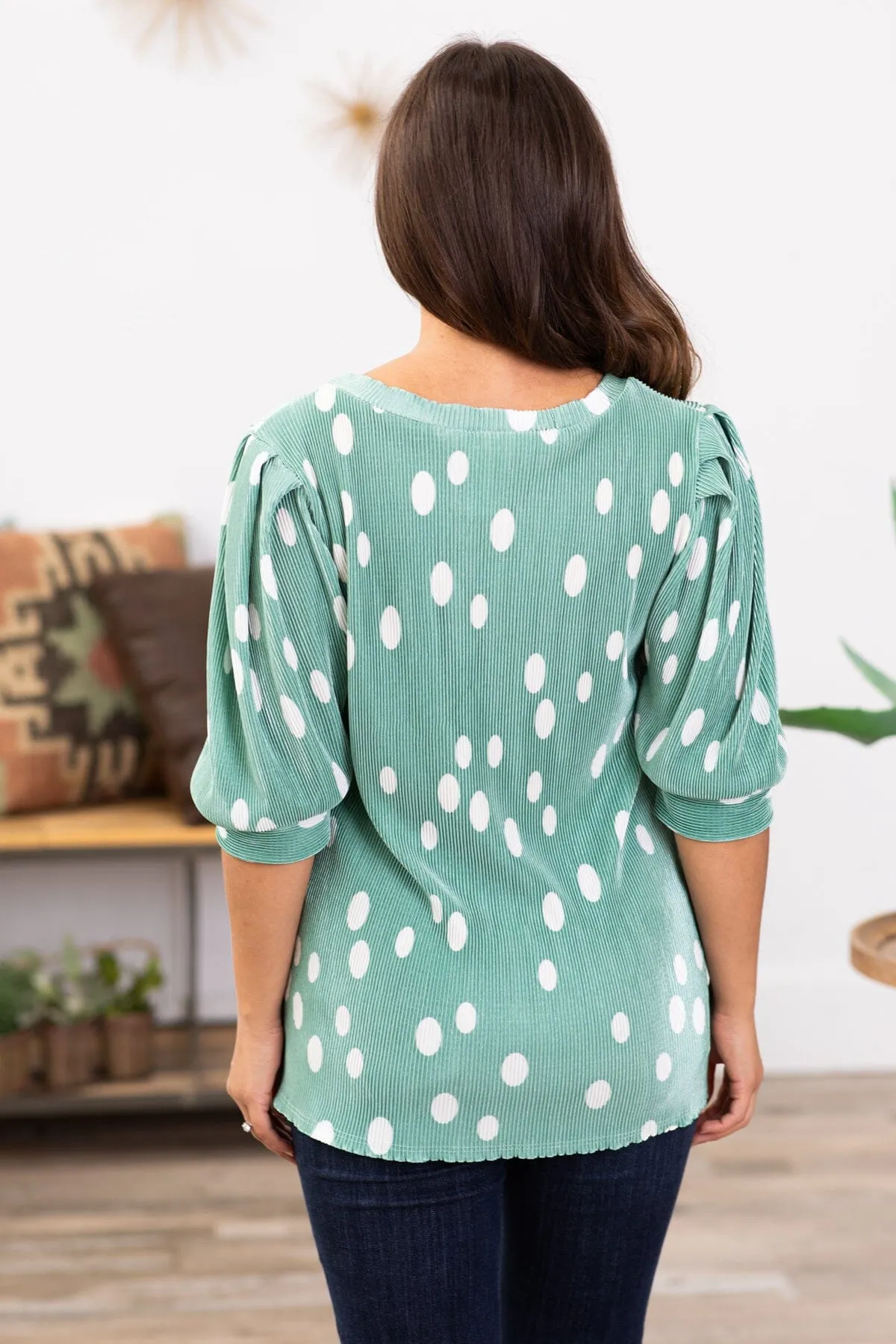 Mint and White Crystal Pleat Polka Dot Top