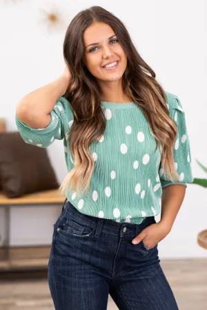 Mint and White Crystal Pleat Polka Dot Top
