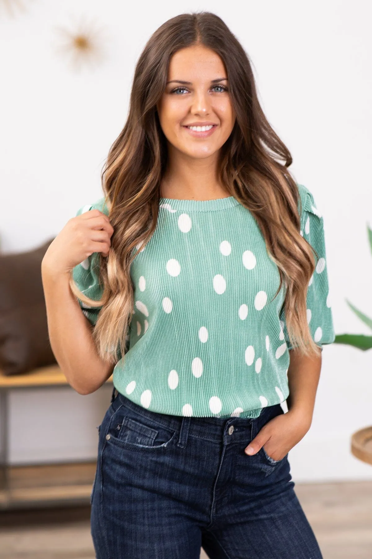 Mint and White Crystal Pleat Polka Dot Top