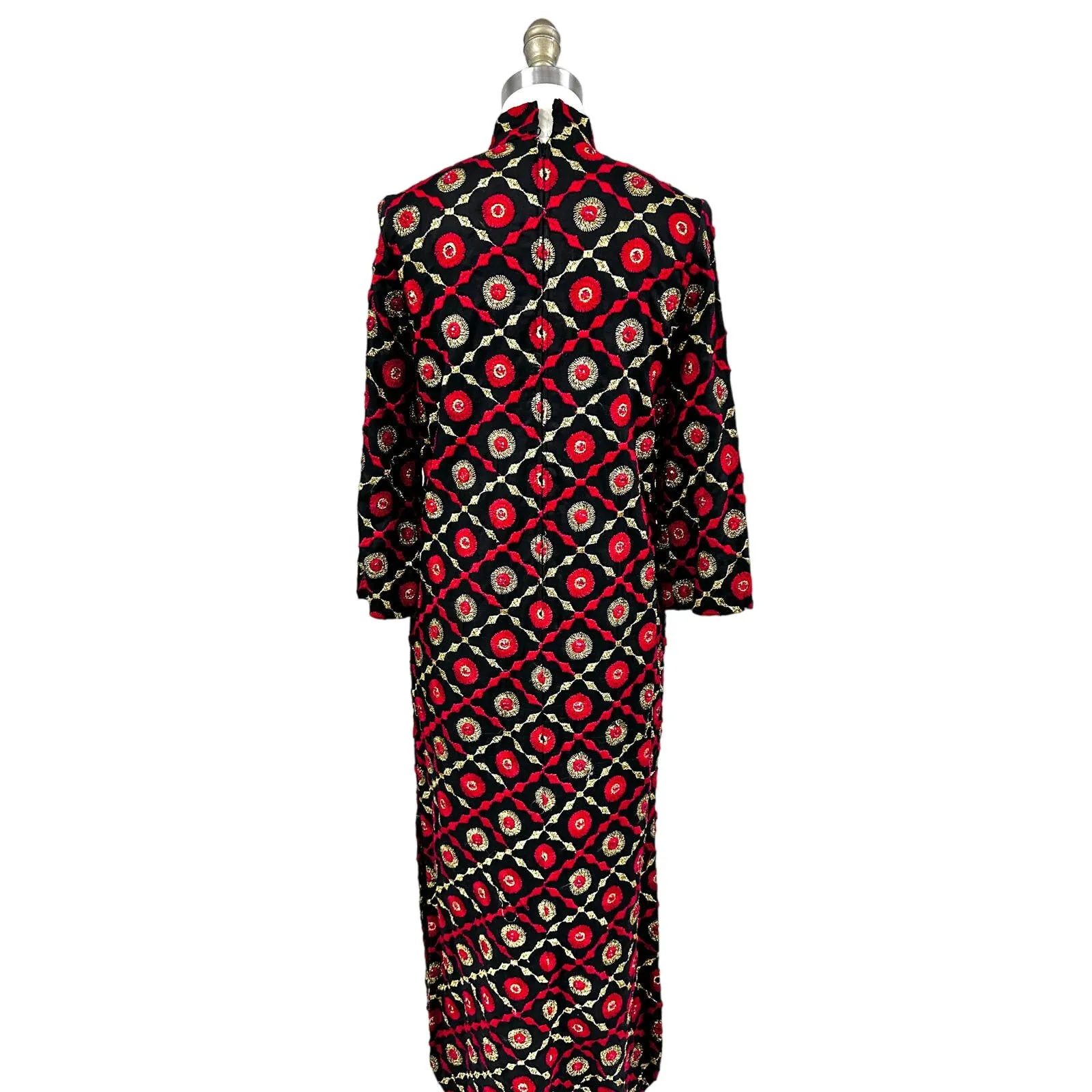 Mob Wife 70s VTG Edie Gladstone Black Dress Gold Red Circle Pattern Sz S