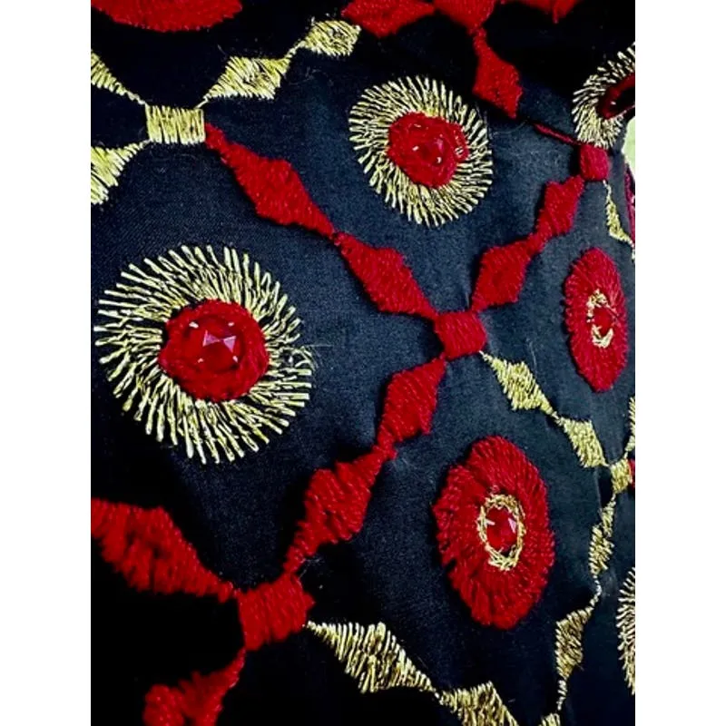 Mob Wife 70s VTG Edie Gladstone Black Dress Gold Red Circle Pattern Sz S