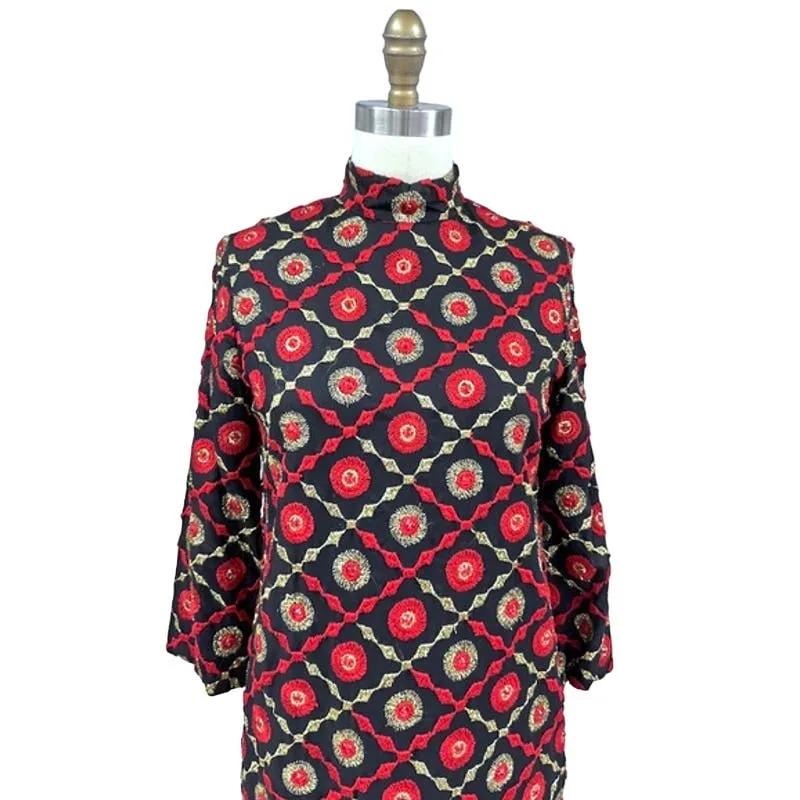 Mob Wife 70s VTG Edie Gladstone Black Dress Gold Red Circle Pattern Sz S