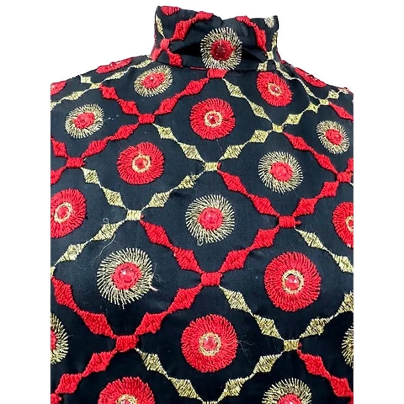 Mob Wife 70s VTG Edie Gladstone Black Dress Gold Red Circle Pattern Sz S