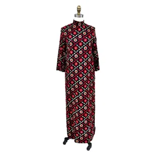 Mob Wife 70s VTG Edie Gladstone Black Dress Gold Red Circle Pattern Sz S