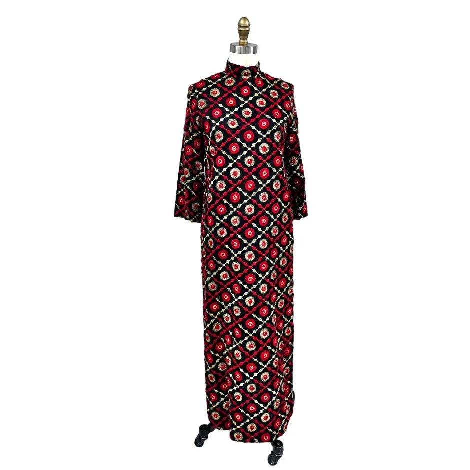 Mob Wife 70s VTG Edie Gladstone Black Dress Gold Red Circle Pattern Sz S