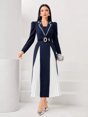 Modely Two Tone Rhinestone Detail Puff Sleeve Pleated Hem Dress (Without Belt)