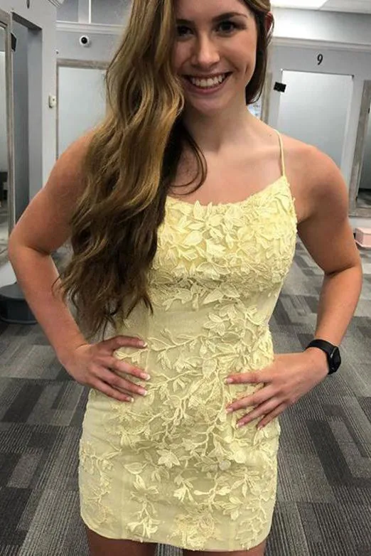 Modern Sheath Pink/Yellow Short Prom/ Homecoming Dresses with Appliques OHM010