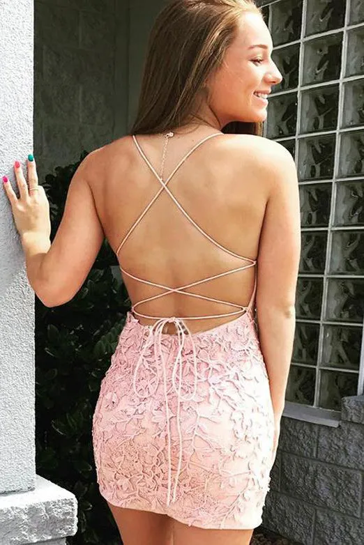 Modern Sheath Pink/Yellow Short Prom/ Homecoming Dresses with Appliques OHM010