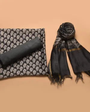 Mud Gray Chanderi Hand Block Printed Unstitched Suit Fabric Set With Chanderi Dupatta
