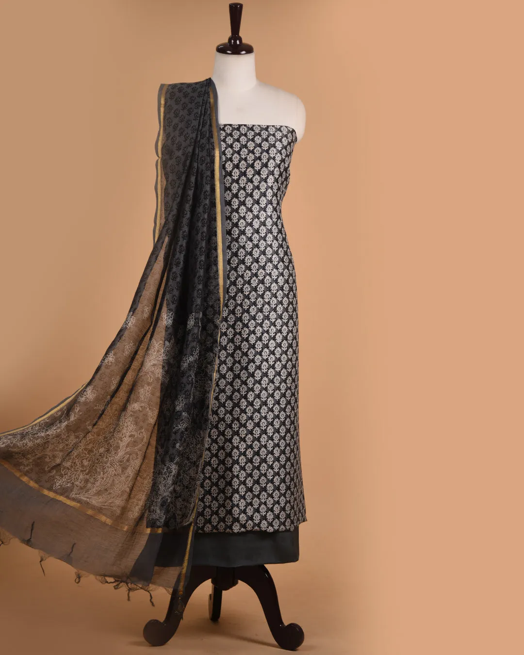 Mud Gray Chanderi Hand Block Printed Unstitched Suit Fabric Set With Chanderi Dupatta